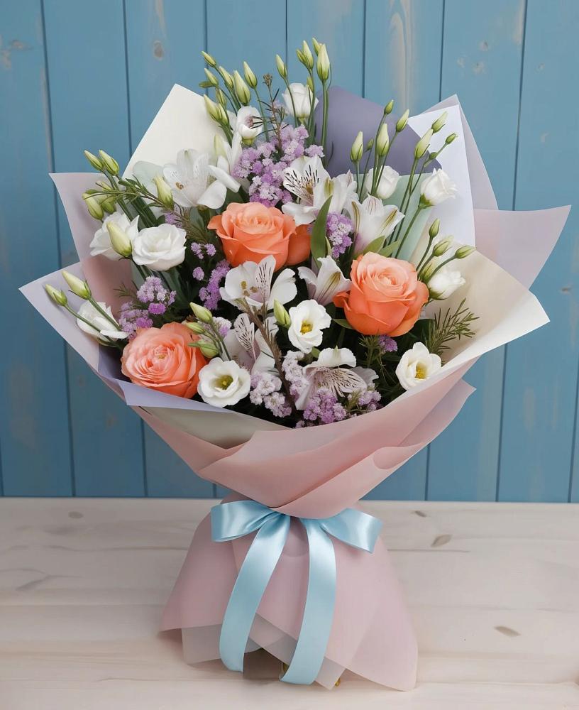 Букет цветов из: Лизиантусы, Розы, Альстромерии и Гипсофила в Прималкинском