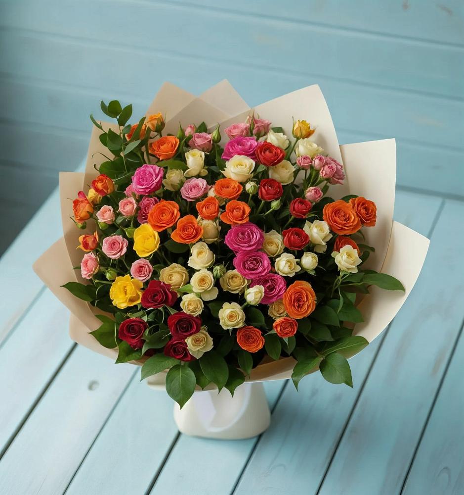 Букет Микс из разноцветных кустовых роз в Прималкинском