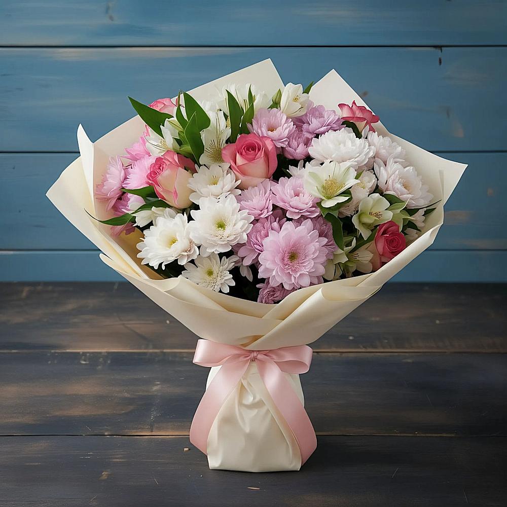 Букет цветов из: Хризантемы, Альстромерии и Розы в Прималкинском